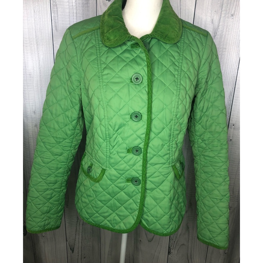 Boden Quilted Button Down Jacket Corduroy Trim Green Sz 6